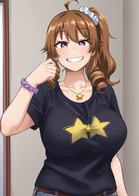 1girl, yokoyama nao, huge breast,ahoge, black shirt, blue scrunchie, bracelet, brown hair, drill hair, grin, jewelry, looking at viewer, medium hair, necklace, print scrunchie, print shirt, purple eyes, scrunchie, shirt, side drill, side ponytail, sidelocks, smile, solo, standing, star (symbol), star necklace, star print, t-shirt, tank top, white scrunchie, white shirt, wrist scrunchie,<lora:ãã³å©Dekosuke:1>