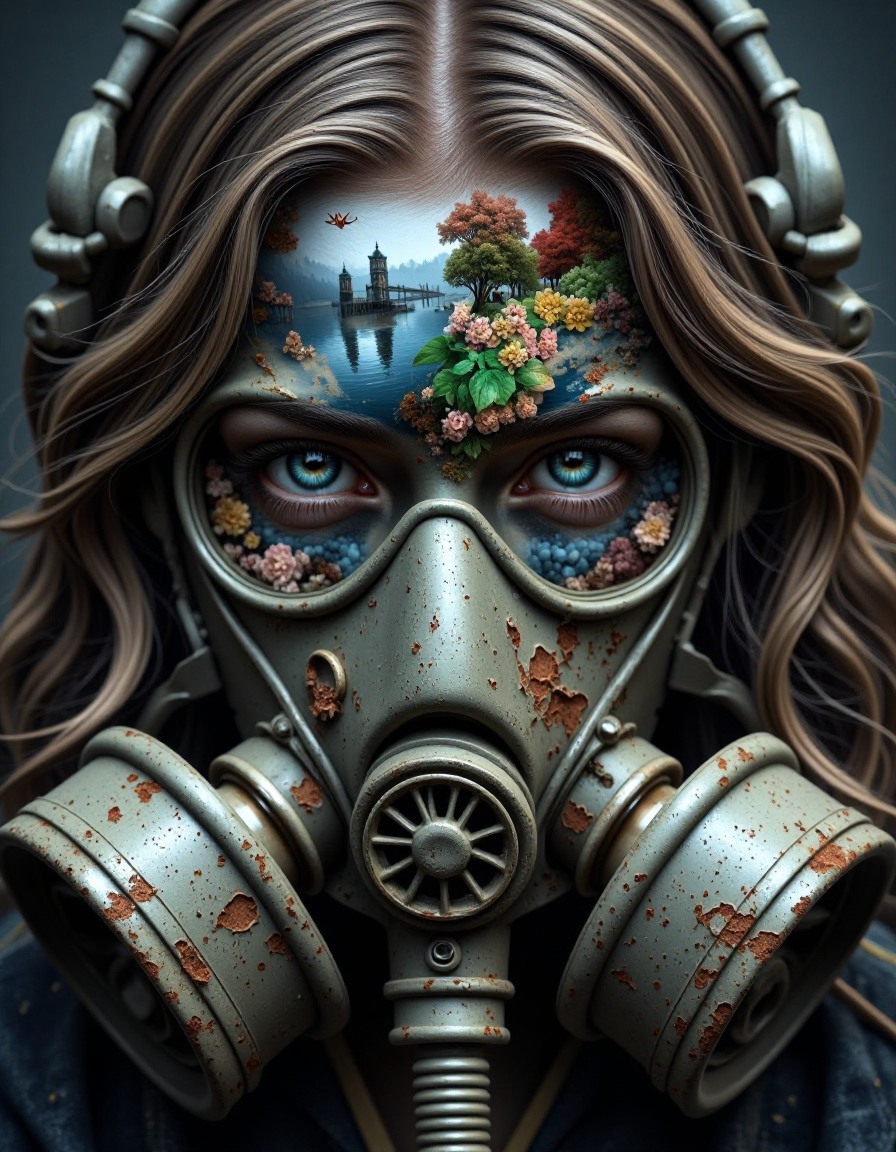 double-exposure. The image is a highly detailed, digital artwork featuring a haunting, surreal scene. The central figure is a face woman, heavily obscured by a gas mask, which is a large, industrial-looking device with two round, metallic filters on either side. The mask's color scheme is a muted, worn-out gray, with visible scratches and rust, indicating age and use.