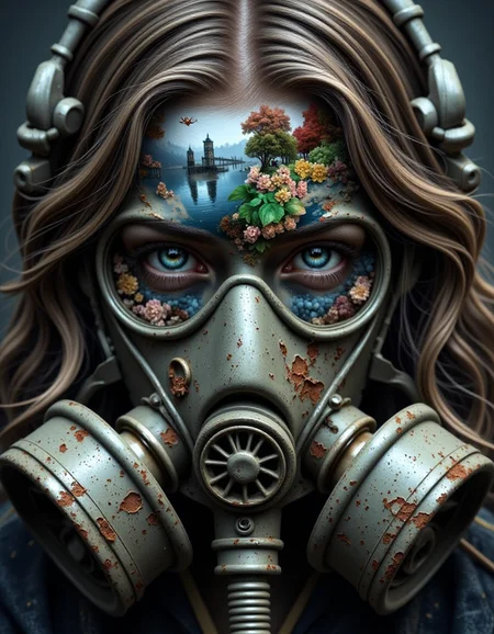 double-exposure. The image is a highly detailed, digital artwork featuring a haunting, surreal scene. The central figure is a face woman, heavily obscured by a gas mask, which is a large, industrial-looking device with two round, metallic filters on either side. The mask's color scheme is a muted, worn-out gray, with visible scratches and rust, indicating age and use.
