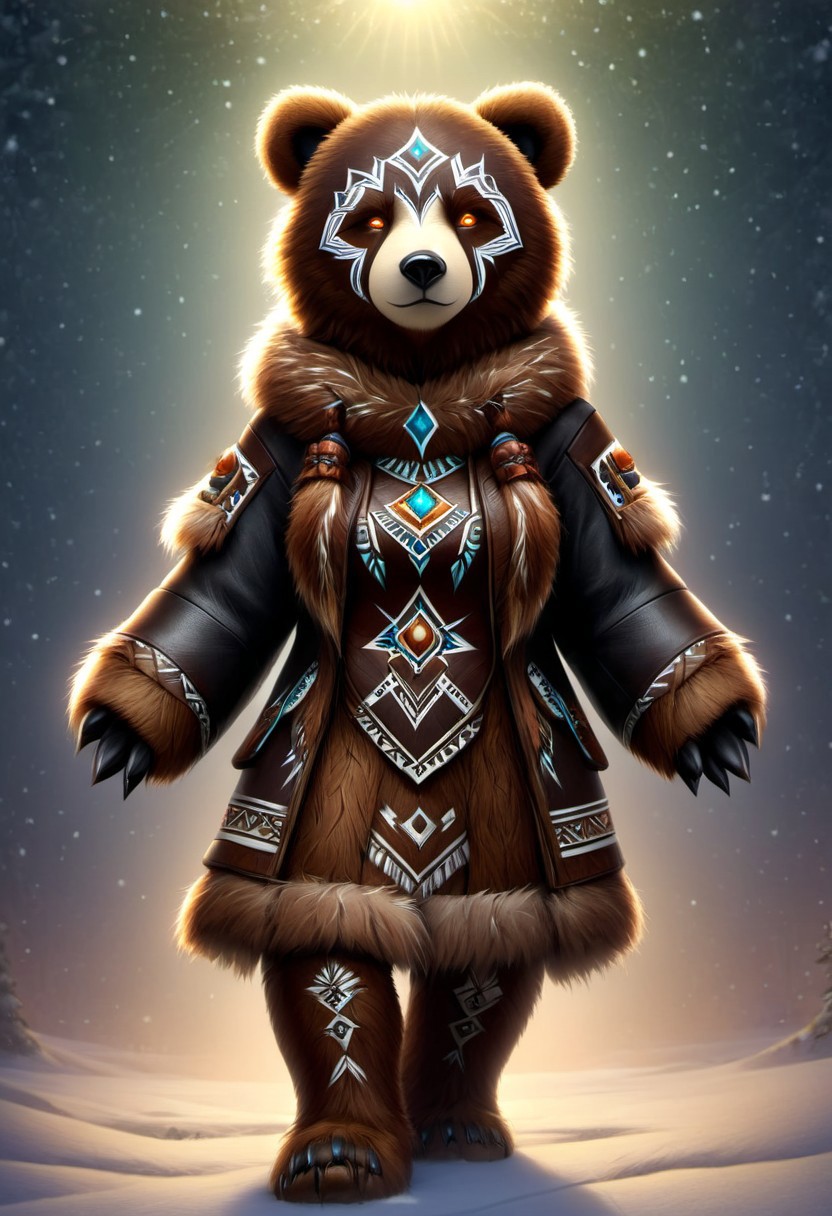 cinewow, xmastedx, anthro, SFW, LoL Style, female bear dressed in a leather tribal style, fully clothed, (realistic fur, detailed fur texture:1.2), detailed background, outside background, photorealistic, hyperrealistic, ultradetailed, glowing eyes, glowing effects, fantasy, scenery, concept art, amazing quality, masterpiece, best quality, hyper detailed, ultra detailed,