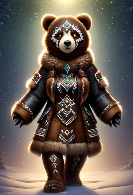cinewow, xmastedx, anthro, SFW, LoL Style, female bear dressed in a leather tribal style, fully clothed, (realistic fur, detailed fur texture:1.2), detailed background, outside background, photorealistic, hyperrealistic, ultradetailed, glowing eyes, glowing effects, fantasy, scenery, concept art, amazing quality, masterpiece, best quality, hyper detailed, ultra detailed,