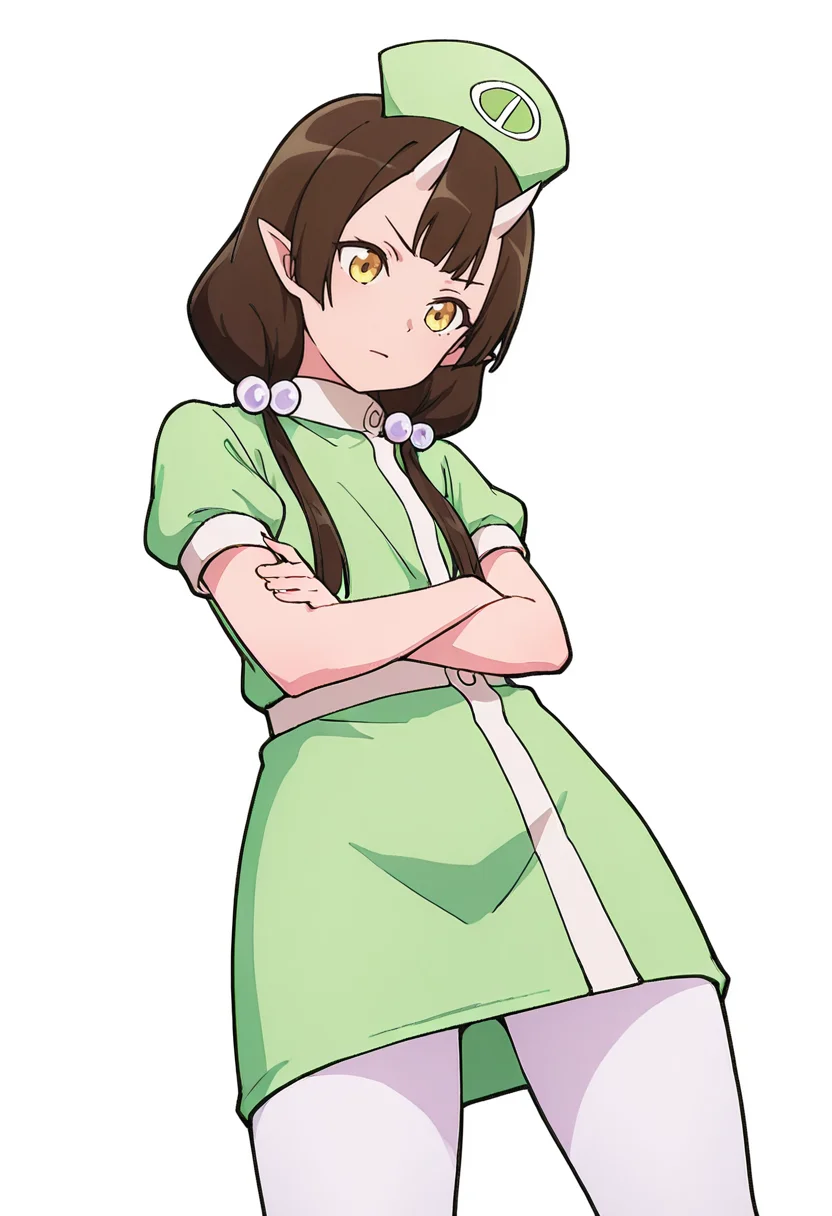 Smooth Quality,masterpiece,very intricate, high quality details, ultra realistic, high detailed skin,detailed enviorement,absurdres,
w,solo,
<lora:Care_Resumisu_CNR:0.8> care_cnr, 1girl,brown hair, pointy ears, long hair, yellow eyes, oni, low twintails, skin-covered horns, brown eyes, care_green_cnr, green dress, short sleeves, white pantyhose,puffy sleeves, puffy short sleeves, green shirt, shirt, hat, nurse cap, hair bobbles,, simple background, white background, dynamic angle,
standing, arms crossed, head tilt, serious, balanced stance, confident, ,, long coat, ,sweater vest, ,sheer skirt, ,, 0 0,