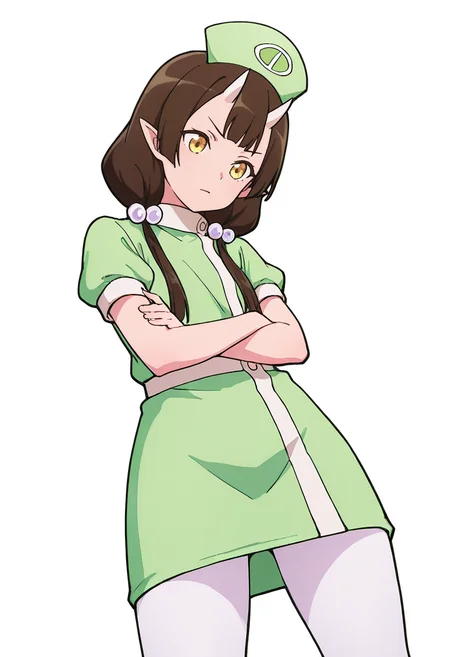 Smooth Quality,masterpiece,very intricate, high quality details, ultra realistic, high detailed skin,detailed enviorement,absurdres,
w,solo,
<lora:Care_Resumisu_CNR:0.8> care_cnr, 1girl,brown hair, pointy ears, long hair, yellow eyes, oni, low twintails, skin-covered horns, brown eyes, care_green_cnr, green dress, short sleeves, white pantyhose,puffy sleeves, puffy short sleeves, green shirt, shirt, hat, nurse cap, hair bobbles,, simple background, white background, dynamic angle,
standing, arms crossed, head tilt, serious, balanced stance, confident, ,, long coat, ,sweater vest, ,sheer skirt, ,, 0 0,
