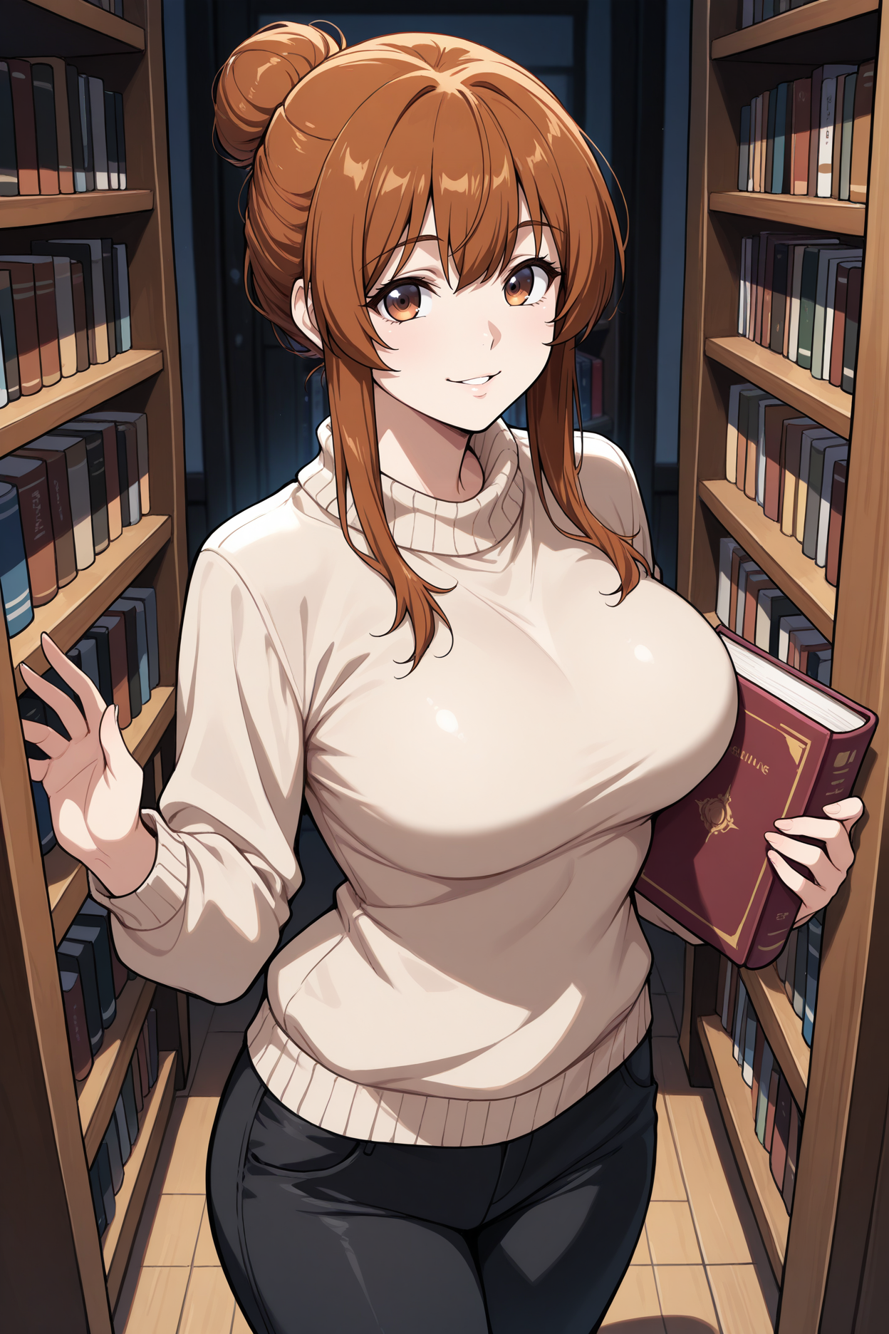 masterpiece, best quality, 1girl, solo,  <lora:kotegawananaka-illu-nvwls-v4:1> gbluenanaka, brown hair, hair bun, short hair with long locks, auburn eyes, large breasts, beige sweater, black pants, smile, parted lips, holding book, indoors, bookshelf, looking at viewer