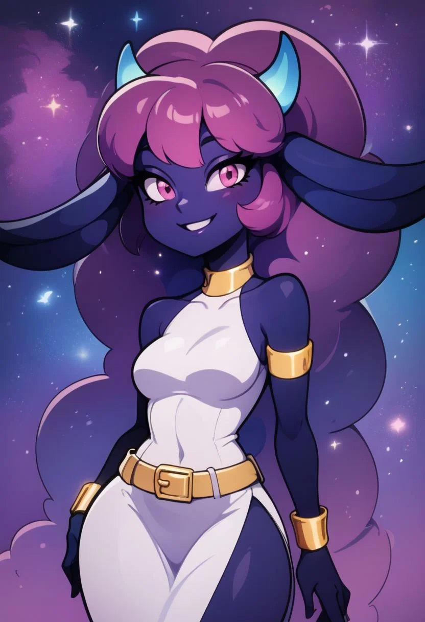 score_9, score_8_up, score_7_up, pretty girl, vivid bright colors, highly sexual poses, pinup art, solo,
BREAK,
zzDaedream, long floating hair, big hair, purple skin, 1girl, blue horns, glowing pink hair, pink eyes, gradient hair, purple hair, starry hair, animal ears, long ears, space background, starry sky, glowing,
BREAK,
white dress, gold belt, gold bracelets,
BREAK,
solo, smile, blush, looking at viewer, contrapposto, hip to the side, hand on hip,