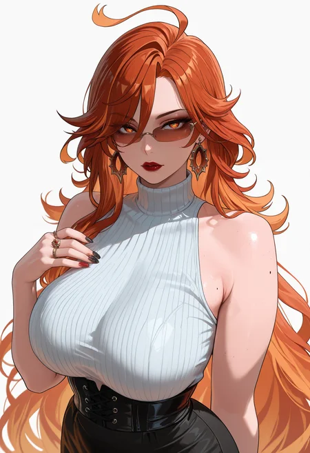 masterpiece,best quality,amazing quality,<lora:mavuika_genshin_impact_ilxl_goofy:1>mavuika, 1girl, mole on body, ahoge,antena hair,jewelry, glasses, earrings, corset, looking at viewer, red nails, ring, bare shoulders, red lips, white background, tinted eyewear, ribbed sweater, mature female, sleeveless sweater, turtleneck, black nails, black skirt, mole on arm,