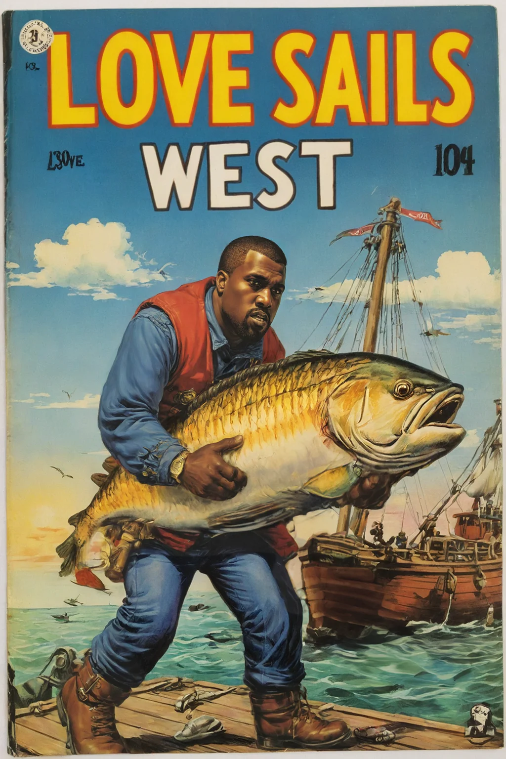 vintage comic book with the title text: "L0ve sails West", Boat Captain Kanye (hugging a large fish), an intimate moment with a salmon