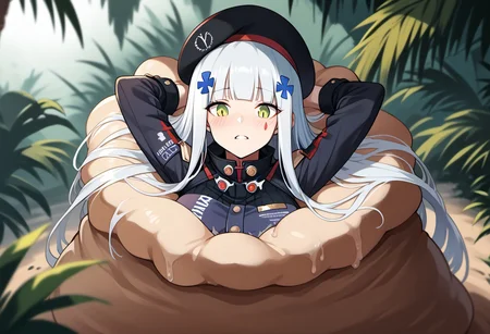 NSFW, looking down, masterpiece, best quality, amazing quality, very aesthetic, score_9,score_8_up, score_7_up, score_6_up, BREAK, official art, solo, outdoors, upper body, (portrait:1.5), looking at viewer, facing viewer, blush, hk416 (girls' frontline), hat,beret, black headwear, very long hair, white hair, x hair ornament, sidelocks, blunt bangs, green eyes, facial mark, teardrop, military jacket, purple jacket, clothes writing, uniform, white gloves, long sleeves, black sleeve, german flag, large breasts, skindentation, <lora:HK416(gf)-Pony:1.3>, (score_9, score_8_up, score_7_up, score_6_up, score_5_up, score_4_up), source_anime,<lora:vore_lower_body-2:1>, slime creature, restrained, vore, Like like, monster, <lora:Like like illus:1>, arms out, arms behind head, Creature massaging her, (jungle:1.2), (blushing), looking down, palmtree blurry background depth of field, (from above:1.3), arms resting on creature