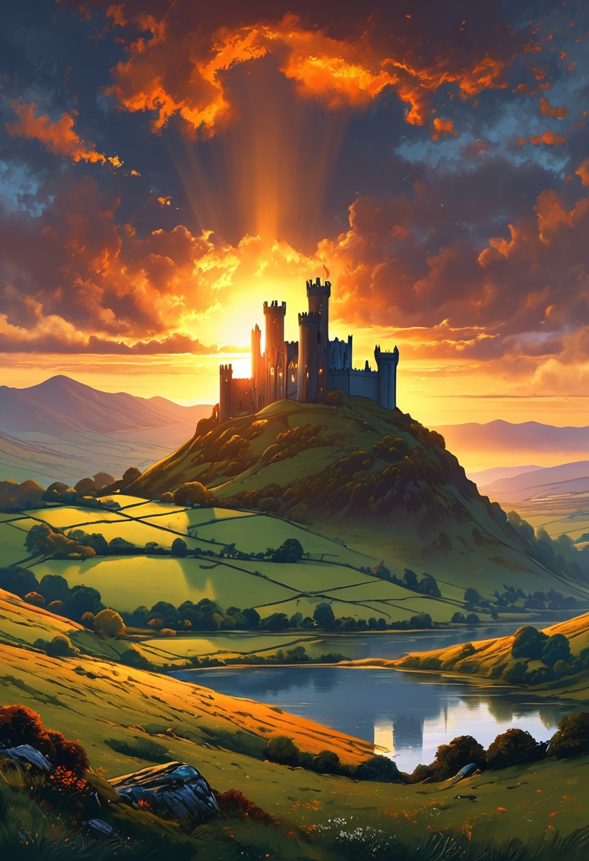 A captivating night scene illustration featuring Camelot large  hill overlooking a lake in Wales.   Camelot ancient but well maintained and updated and comfortable to live in.  Smoke rises from the chimneys.  This enchanting artwork captures a serene and peaceful early morning, where the sun is just starting to rise over the beautiful hills and Camelot  which   stands resolute amidst hills of Wales, creating a cinematic experience back to the times of King Arthur and his knights, 
 illustration, cinematic
<lora:DonM3t3rn1tyXL-v1.1:0.7>, DonM3t3rn1tyXL,
OverallDetailXL  <lora:MJ52:0.3>  <lora:SDXLFaeTastic2400:0.4>  <lora:EpicF4nta5yXL:0.7>