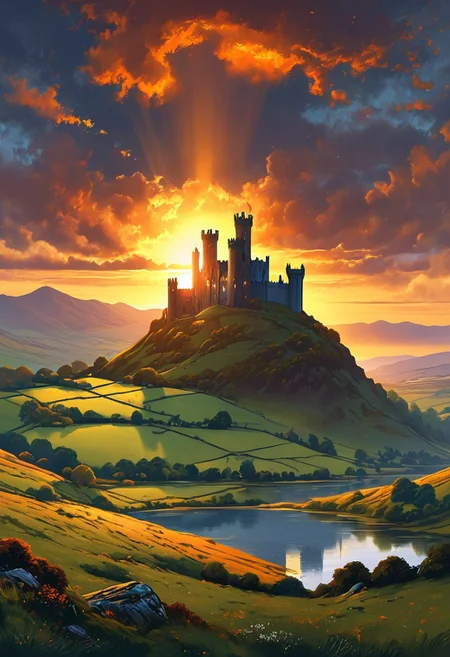 A captivating night scene illustration featuring Camelot large  hill overlooking a lake in Wales.   Camelot ancient but well maintained and updated and comfortable to live in.  Smoke rises from the chimneys.  This enchanting artwork captures a serene and peaceful early morning, where the sun is just starting to rise over the beautiful hills and Camelot  which   stands resolute amidst hills of Wales, creating a cinematic experience back to the times of King Arthur and his knights, 
 illustration, cinematic
<lora:DonM3t3rn1tyXL-v1.1:0.7>, DonM3t3rn1tyXL,
OverallDetailXL  <lora:MJ52:0.3>  <lora:SDXLFaeTastic2400:0.4>  <lora:EpicF4nta5yXL:0.7>