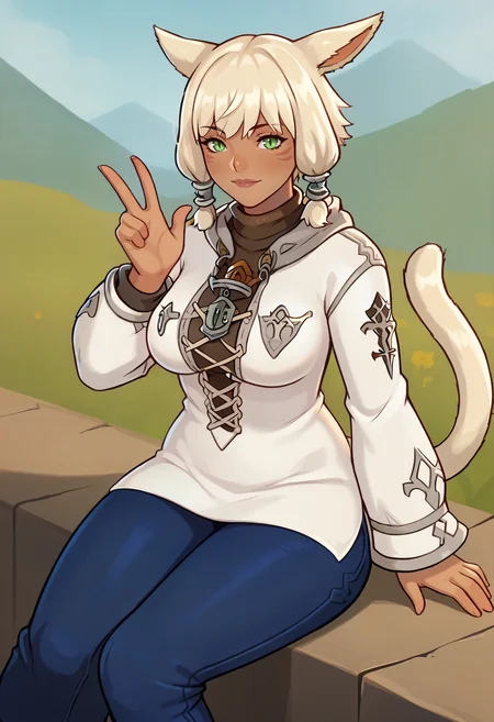 score_9, score_7_up BREAK solo,shtla, dark-skinned female, slit pupils, animal ears, tail, whisker markings, short hair, large breasts,arrOtft, turtleneck, hood, pendant, white dress, short dress, cross-laced, white sleeves, blue pants,sitting,outdoors,happy,green eyes, platinum blonde hair,hair tubes,gesture,looking at viewer <lora:YshtolaRhulPDXL_V1-Manityro-CAME:1> <lora:mixplin_pd:0.8>