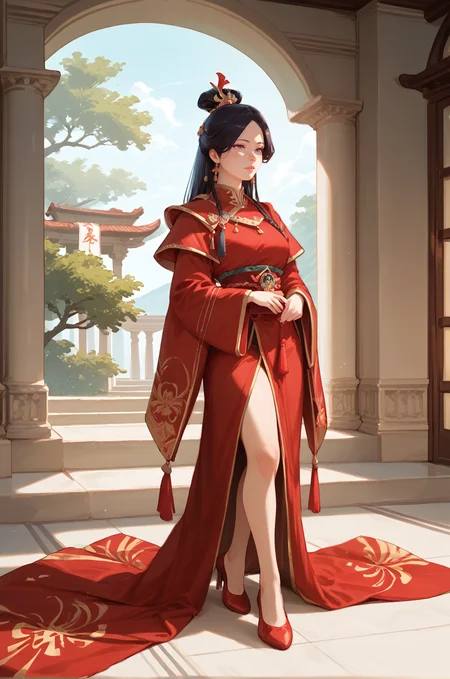 high quality, high detail, masterpiece, solo, 1girl, <lora:Ursa(ATLA):1> full body, Ursa(ATLA), hair bun, hairpiece, red clothes, long hair, dark hair, <lora:StS_PonyXL_Detail_Slider_v1.4_iteration_3:0.6> <lora:loraface:0.6> <lora:EyeDetail:0.8> <lora:Add_more_details_V2_XLpony:0.8> <lora:Expressive_H:0.8> <lora:banjabu_style_pdxl_goofy:1>, score_9, score_8_up, score_7_up