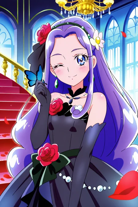 <lora:Mahoutsukai_Precure:1>, Mahoutsukai_Precure, 1girl, solo, gloves, one eye closed, elbow gloves, dress, flower, black gloves, hair flower, hair ornament, jewelry, looking at viewer, hairband, smile, bug, butterfly, stairs, black dress, chandelier, frills, earrings, bare shoulders, indoors, rose, blush, petals