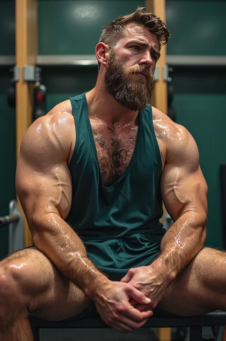 A side view HD high-quality close-up pov from below photo of a burly, hairy-chested Caucasian man sitting on a locker room bench after an intense workout. His hairy very bushy damp armpits are sprouting out of his underarms, armpit hair is visible as he leans forward, resting one elbow on his knees, one arm raised up, he is breathing heavily. His sweat-soaked dark-teal tank top clings to his thick body hair, and droplets of sweat roll down his muscular arms. The warm locker room lighting highlights the glistening texture of his wet skin.
🎯<lora:flux\my\damp\Damp Armpits Flux v1_05 pre07.safetensors:1.4000000000000001:1.4000000000000001>
<lora:flux\Sony_a7_III.safetensors:0.75:0.75>
<lora:flux\Anti-BlurFLUX.safetensors:0.12:0.12>
<lora:flux\Sweaty-000001.safetensors:0.5:0.5>
📌[LoRas Used]: Damp Armpits Flux v1_05 pre07, Sony_a7_III, Anti-BlurFLUX
📌[LoRas Used with Diogod's Block Analysis Presets]: Sweaty-000001