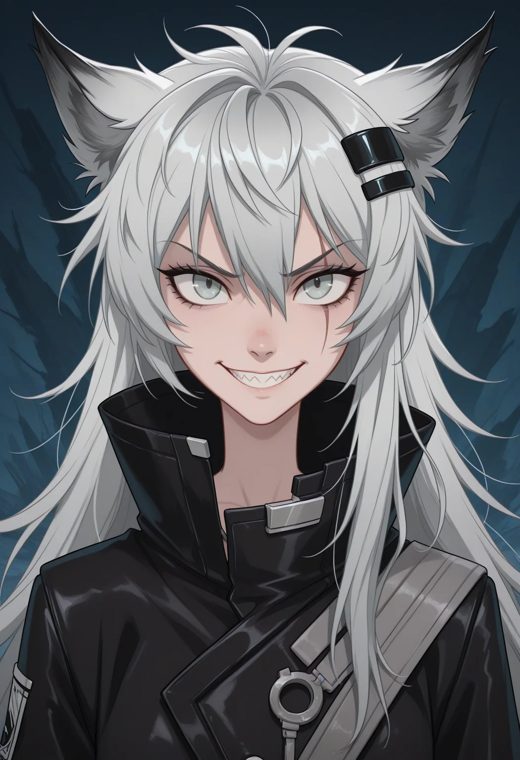 Disney_Il5.0, lappland \(arknights\), 1girl, solo, long hair, looking at viewer, smile, hair ornament, animal ears, hair between eyes, jacket, upper body, teeth, hairclip, grin, v-shaped eyebrows, scar, wolf ears, sharp teeth, messy hair, scar on face, high collar, wolf girl, scar across eye, straight-on, masterpiece, best quality, ultra-detailed, highest quality, official art, latest, very awa, very aesthetic, detailed shading, (detailed background, complex background), amazing quality, intricate, hyper-detailed, excellent, absurdres, latest,