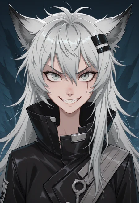 Disney_Il5.0, lappland \(arknights\), 1girl, solo, long hair, looking at viewer, smile, hair ornament, animal ears, hair between eyes, jacket, upper body, teeth, hairclip, grin, v-shaped eyebrows, scar, wolf ears, sharp teeth, messy hair, scar on face, high collar, wolf girl, scar across eye, straight-on, masterpiece, best quality, ultra-detailed, highest quality, official art, latest, very awa, very aesthetic, detailed shading, (detailed background, complex background), amazing quality, intricate, hyper-detailed, excellent, absurdres, latest,