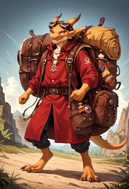 1boy, golden skin, Kobold, furry dragon, slender body, small, adult,  tail, short stature, full body, score_9, score_8_up, score_7_up, fighting pose, looking at viewer , score_6_up, alchemist bomber, goggles on head, pathfinder portrait, potions, potion belt, red robes, golden ornaments, jewellry, junk on backpack, (((enormous backpack, silly huge backpack, gigantic backpack))),  rpg portrait, gop, oil painting \(medium\), texture, looking at viewer, tail