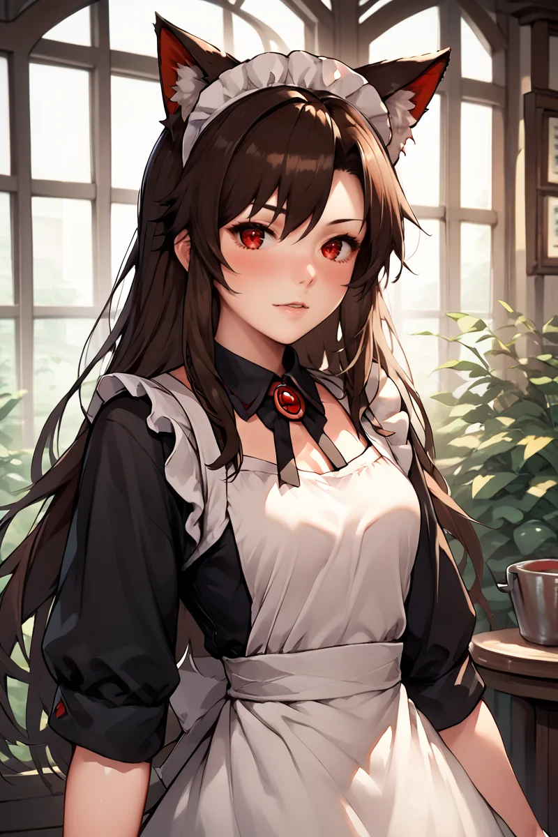 score_9, score_8_up, score_8, score_9, 1 girl, source_anime, <lora:kagerou_pony-10:1> brown hair, long hair, wolf ears, animal ears, dress, white dress, blush, red eyes, imaizumi kagerou, maid, maid apron, maid headdress, <lora:OtherStyle_06:0.8>, animal ear fluff,