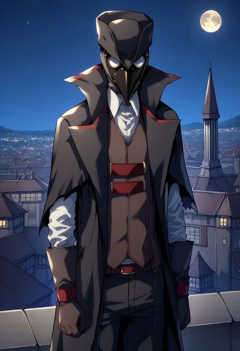 score_9, score_8_up, score_7_up, source_anime, highly detailed, 
vikir, 1boy, male focus, solo, plague doctor mask, plague doctor, hat, black headwear, torn clothes, shirt, white shirt, collared shirt, vest, brown vest, coat, belt, black coat, gloves, brown gloves, pants, black pants,
outdoor, night, moon, roof, buildings, victorian