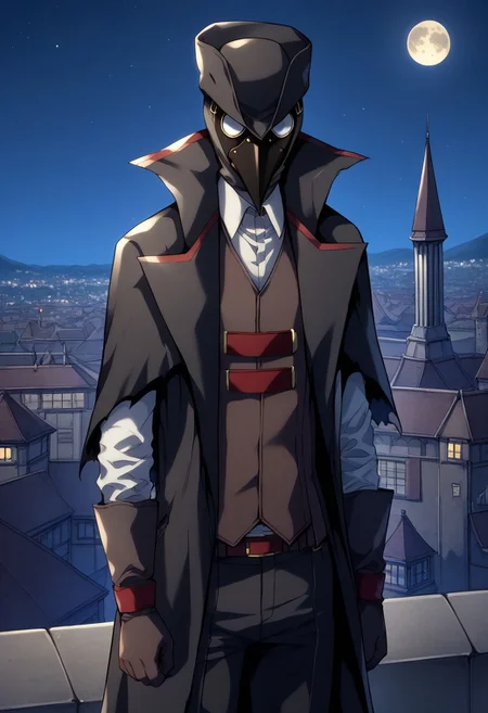 score_9, score_8_up, score_7_up, source_anime, highly detailed,
vikir, 1boy, male focus, solo, plague doctor mask, plague doctor, hat, black headwear, torn clothes, shirt, white shirt, collared shirt, vest, brown vest, coat, belt, black coat, gloves, brown gloves, pants, black pants,
outdoor, night, moon, roof, buildings, victorian
