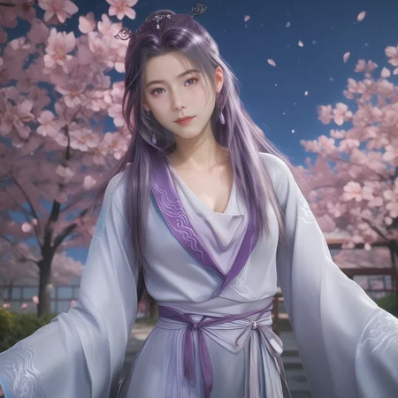 <lora:ponyyunxiao20v:1>,score_9,score_8,score_7_up,source_real,real skin BREAK yunxiao,medium_shot,looking at viewer,night,white and silver dress,peach blossom tree,purple hair,white and purple dress,