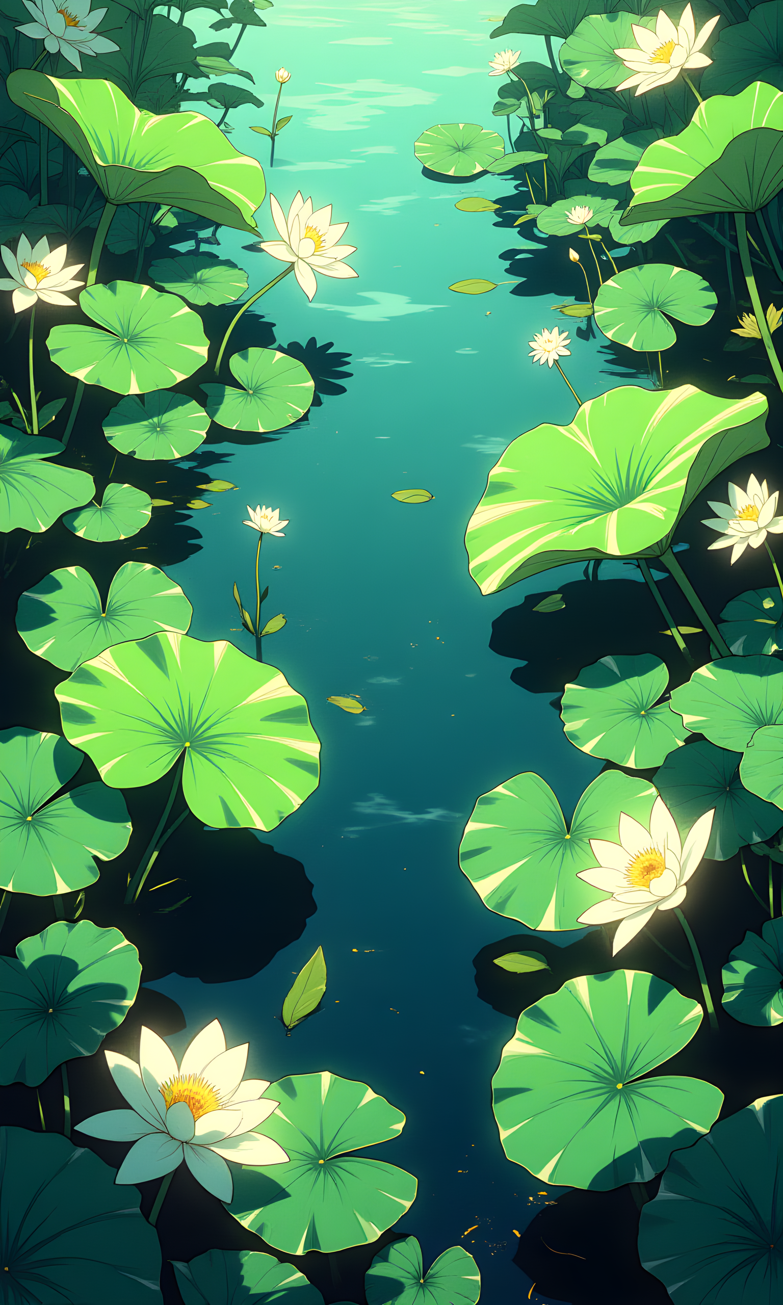 A serene pond is the central subject, filled with large, vibrant green lily pads that float on the water's surface. The camera captures the scene from a top-down perspective, providing a clear view of the lily pads and the few white water lilies blooming among them. Soft, diffused light filters through the leaves, creating gentle highlights and shadows that add depth to the image. The light source appears to be natural, possibly sunlight, which enhances the rich colors of the lily pads and flowers. In the background, the water transitions into deeper shades of blue, suggesting depth and tranquility. The composition is balanced, with the lily pads and flowers arranged in a circular pattern around the center of the pond, drawing the viewer's eye inward. The overall atmosphere is peaceful and calming, evoking a sense of natural beauty and harmony.
BREAK anime, d13s3lp2nk, bboil artist style, OBdonman, Anime art, <lora:FLUX\Anime Art V3:0.2>, <lora:FLUX\Synesthesia:0.2>, <lora:FLUX\RetroAnimeS1.1:0.5>, <lora:FLUX\Flux-jijia:0.1>, <lora:FLUX\It's a LoRA for portraits, BUT! actually specialized in backgrounds. v1.0:0.1>, <lora:FLUX\GLSHS:0.2>, <lora:FLUX\Dieselpunk Delight - s0_9 g4:0.4>, <lora:FLUX\OBdonman, anime0style portrait:0.1>