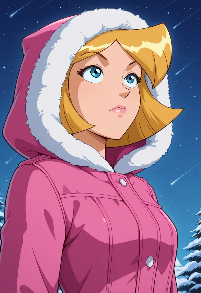 masterpiece, best quality, good quality, 1girl, solo, cartoon, parody, official style, cl0ver_totally_spies, short hair, blonde hair, blue eyes, winter coat, hood up, looking up, outside, snow, cold, forrest, night, night sky, shooting stars, sexy, beautiful, detailed, high detailed, very beautiful, detailed face, detailed eyes,