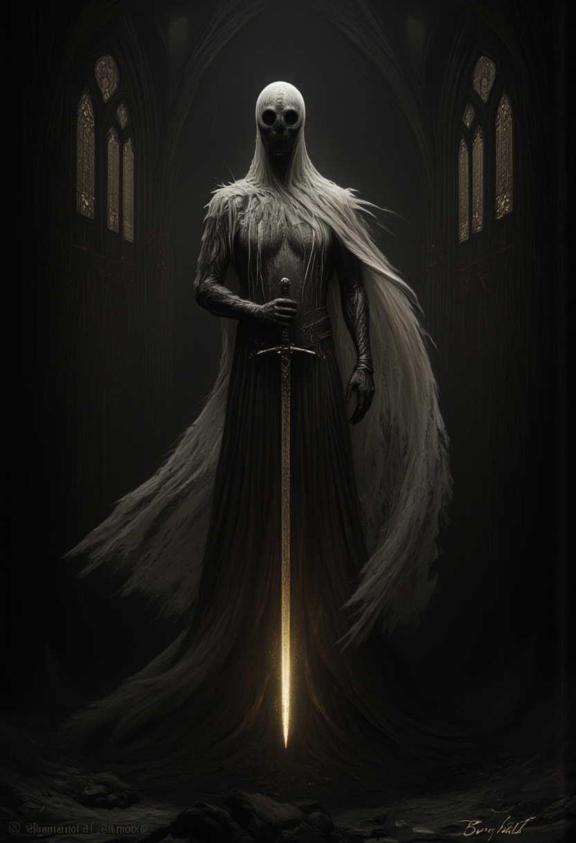 art by Ben Templesmith and hr giger, Fantasy painting of a spectral figure with a long, tattered robe, floating through the air. The ghost is illuminated with a faint beige glow, casting an eerie, ethereal light. Its robe is shredded and flowing, giving a ghostly appearance, and it holds a broken longsword, the blade fractured and jagged. The ghostâs face is shadowy and indistinct, enhancing the haunting effect. The background features a dark, gothic cathedral with towering arches and stained glass windows, shrouded in shadows. The scene is rendered in cel shading, with a dark fantasy aesthetic. The overall mood is ominous and mysterious, highlighting the ancient and worn aspects of the ghost and its surroundings. <lora:- Flux1 - vanta_black_V1.0.safetensors:1.0>,  <lora:aidmaImageUpgrader-FLUX-V0.1.safetensors:1.0>, detailmaximizer <lora:Dever_Flux_Enhancer.safetensors:1.0>, dev <lora:FluxFantasyKnightsV1.safetensors:1.0>, hkstyle