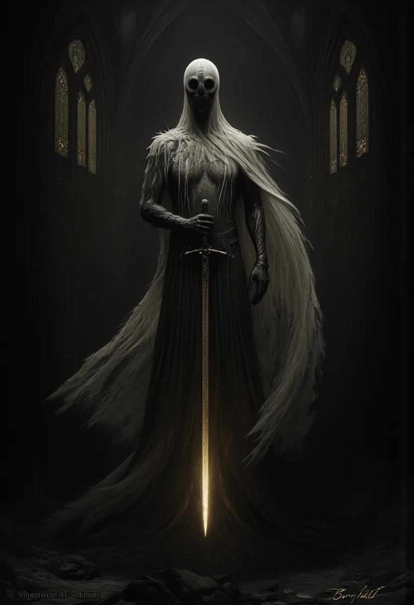 art by Ben Templesmith and hr giger, Fantasy painting of a spectral figure with a long, tattered robe, floating through the air. The ghost is illuminated with a faint beige glow, casting an eerie, ethereal light. Its robe is shredded and flowing, giving a ghostly appearance, and it holds a broken longsword, the blade fractured and jagged. The ghostâs face is shadowy and indistinct, enhancing the haunting effect. The background features a dark, gothic cathedral with towering arches and stained glass windows, shrouded in shadows. The scene is rendered in cel shading, with a dark fantasy aesthetic. The overall mood is ominous and mysterious, highlighting the ancient and worn aspects of the ghost and its surroundings. <lora:- Flux1 - vanta_black_V1.0.safetensors:1.0>, <lora:aidmaImageUpgrader-FLUX-V0.1.safetensors:1.0>, detailmaximizer <lora:Dever_Flux_Enhancer.safetensors:1.0>, dev <lora:FluxFantasyKnightsV1.safetensors:1.0>, hkstyle