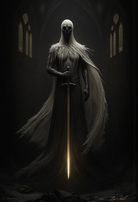 art by Ben Templesmith and hr giger, Fantasy painting of a spectral figure with a long, tattered robe, floating through the air. The ghost is illuminated with a faint beige glow, casting an eerie, ethereal light. Its robe is shredded and flowing, giving a ghostly appearance, and it holds a broken longsword, the blade fractured and jagged. The ghostâs face is shadowy and indistinct, enhancing the haunting effect. The background features a dark, gothic cathedral with towering arches and stained glass windows, shrouded in shadows. The scene is rendered in cel shading, with a dark fantasy aesthetic. The overall mood is ominous and mysterious, highlighting the ancient and worn aspects of the ghost and its surroundings. <lora:- Flux1 - vanta_black_V1.0.safetensors:1.0>, <lora:aidmaImageUpgrader-FLUX-V0.1.safetensors:1.0>, detailmaximizer <lora:Dever_Flux_Enhancer.safetensors:1.0>, dev <lora:FluxFantasyKnightsV1.safetensors:1.0>, hkstyle