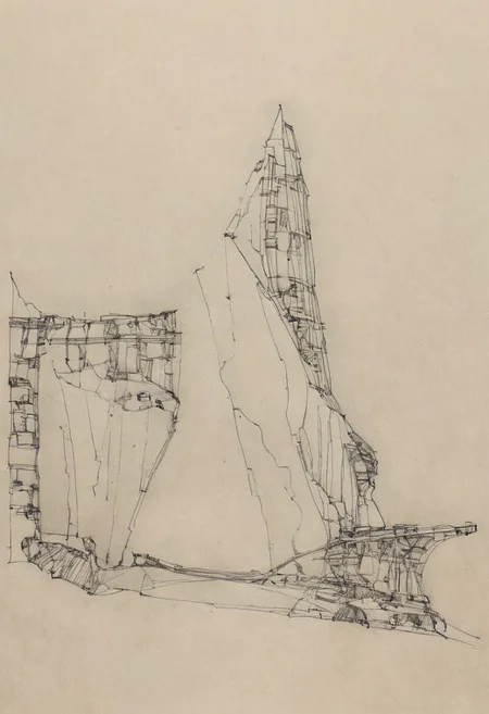 a professional hand sketch of architecture,
(POV view , DOF, first people view from the entrance, low angle shot:1.4),
(Ancient civilization, Alien Prometheus movie scene, dune movie scene:1.5), (The colonial city of the future, in the mist-filled Grand Canyon, on an unknown Earth-like planet, 2 moon on sky, Spaceship flight connects colonies, waterfulls:1.3), (Machu Picchu, a mountain settlement, incredibly spectacular:1.2), (Mario Botta:1.3), (avant-garde, future, reality, science fiction, photorealistic), (modern architecture:1.2), White limestone with black granite, fountain, waterfall, landmark, square, path, narrow street,
(Large Files, Ultra Realistic, 8K, 16k, FHD, HD, VFX, Perfect, Photography, composition, Architecture Sales Photography, Architecture Competition, Ultra High Resolution, Cinematography, High Resolution Image:1.1), (dramatic lighting, direct sunlight, ray tracing, clear shadow:1.2),  (real landscape:1.1), (blurred background:1.0), (urban background, more_details) ,
great lighting, extremely detailed, hillscastel, Neo Classic, Architecture sketch