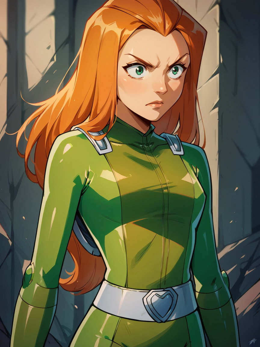score_9, score_8_up, score_7_up, score_6_up, score_5_up,   <lora:SamTSXLP:1> samts, 1girl, long hair, solo, green eyes, orange hair, green bodysuit, belt