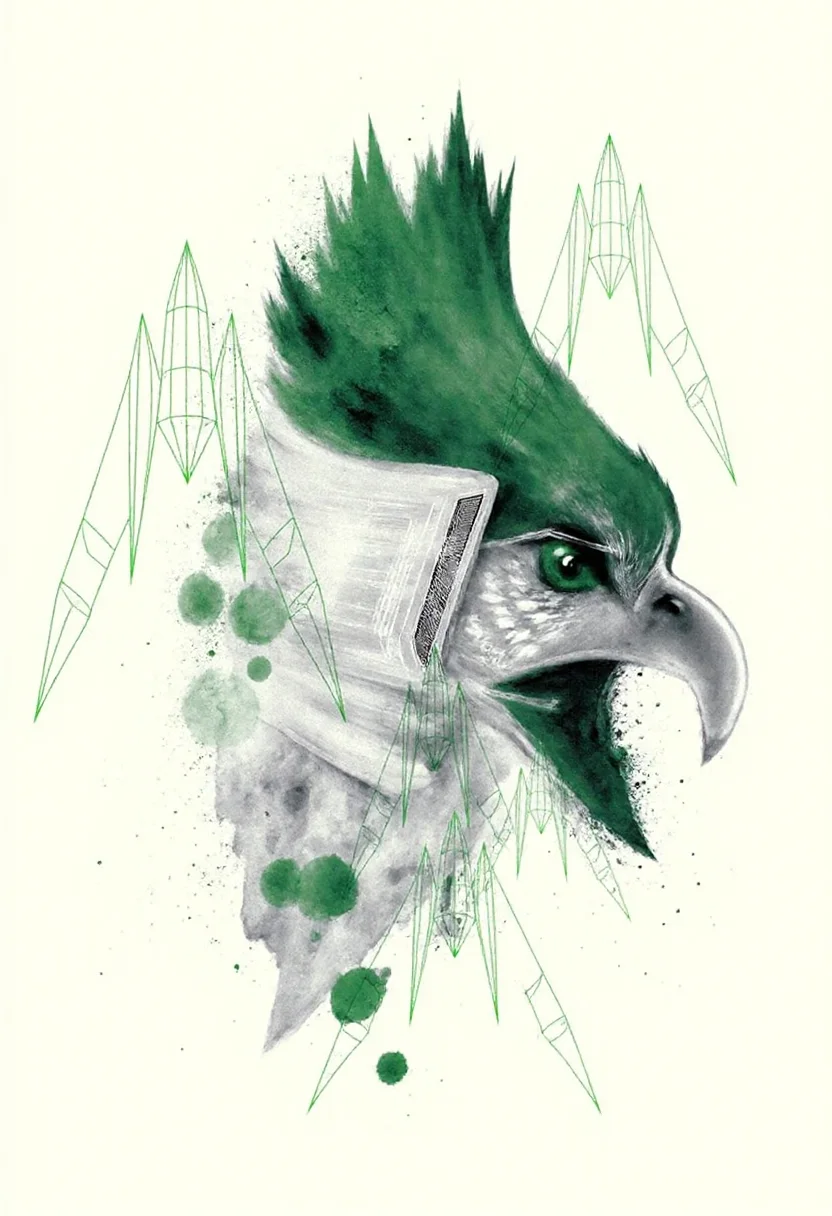 <lora:Acrobatic_Maneuvers_Style_FLUX-000015:0.9>
This image is a digital drawing that combines elements of surrealism and modern art. The central figure is a stylized, three-dimensional representation of an eagle's head, with striking details rendered in various shades of green and white.