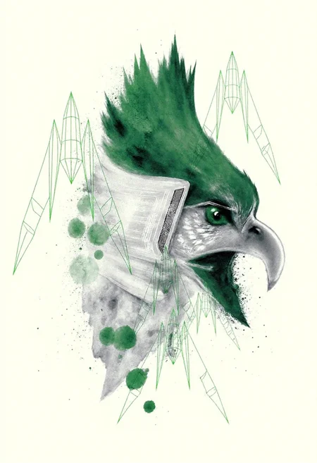 <lora:Acrobatic_Maneuvers_Style_FLUX-000015:0.9>
This image is a digital drawing that combines elements of surrealism and modern art. The central figure is a stylized, three-dimensional representation of an eagle's head, with striking details rendered in various shades of green and white.