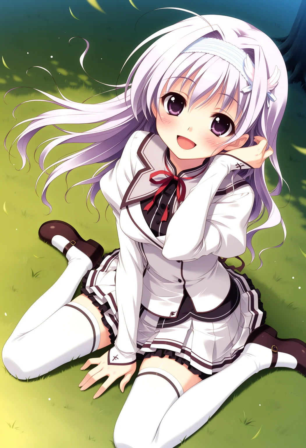 (best quality , masterpiece, good quality), sfw, general, 1girl, msmiu, purple hair, purple eyes, hairband, hair ornament, long hair, ahoge, school uniform, long sleeves, white thighhighs, mary janes, dutch angle, looking at viewer, sitting, wariza, hand in own hair, smile, open mouth, blush, grasslands, wind, <lora:ms-miu_ilxl:1>,