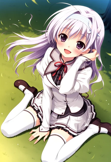 (best quality , masterpiece, good quality), sfw, general, 1girl, msmiu, purple hair, purple eyes, hairband, hair ornament, long hair, ahoge, school uniform, long sleeves, white thighhighs, mary janes, dutch angle, looking at viewer, sitting, wariza, hand in own hair, smile, open mouth, blush, grasslands, wind, <lora:ms-miu_ilxl:1>,