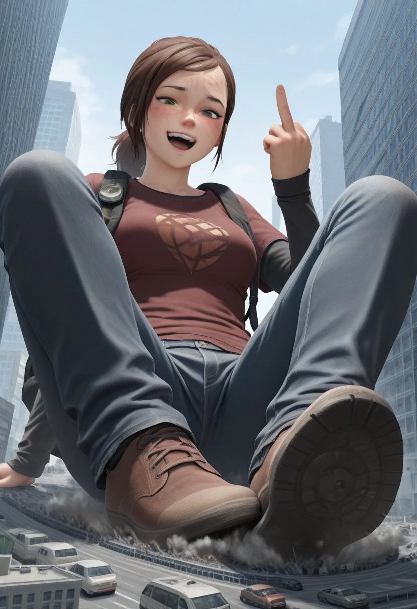 , giantess, full body view, foreshortening, foreshortening, Giantess, City, sitting up, legs extended toward viewer, shoe focus, giantess, from below, best quality, absurdres, 1girl, breasts,
masterpiece, score_9, score_8_up, score_7_up, score_6_up, score_5_up, score_4_up, 1girl, Absurdres, masterpiece, 8k, ellif, middle finger toward viewer, open mouth, laughing,
1girl
brown hair
short hair
ponytail
freckles
green eyes
shirt
layered sleeves
backpack
denim
pants
shoes
<lora:giantess-ponyxl-lora-nochekaiser:1> giantess, giant, city, building, outdoors, destruction,
,