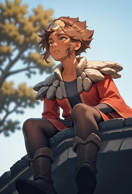 score_9, score_8_up, score_7_up, score_6_up,high quality,masterpiece,uhd,dramatic effect,cinematic effect, mature,
T4liy4h, rock collar, brown hair, dark skinned, red robe, pantyhose, rock crown, undershirt, boots, brown eyes, freckles,
break,
FHD14_KZ, foot_dangle, hands, blurry background, tree, on_roof, sky, turning_head,