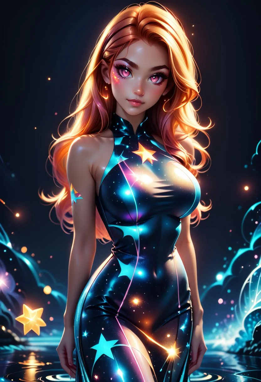 score_9, score_8_up, score_7_up, score_6_up, score_5_up, score_4_up score_9,score_8_up, digital art, realistic 3D illustration,
BREAK,
neon coloring, cute, chibi, kawaii, girl Silhouette, magical nebula eyes, full body dress, standing on water, glowing long hair, dark background, many neon stars behind, serene, reflection, paint dripping, outline color, clean, sharp edges, minimalist, color black,
BREAK,
upper body,
(head tilt, portrait:1),
subsurface scattering, soft lighting, contemplative expression, dark background, subtle makeup, high-resolution, detailed texture, emotional depth, dramatic mood, serene atmosphere, cinematic lighting. perfectly round breasts, big breasts, firm breasts, SkinHairDetail, eye contact, looking at viewer, cowboy shot,