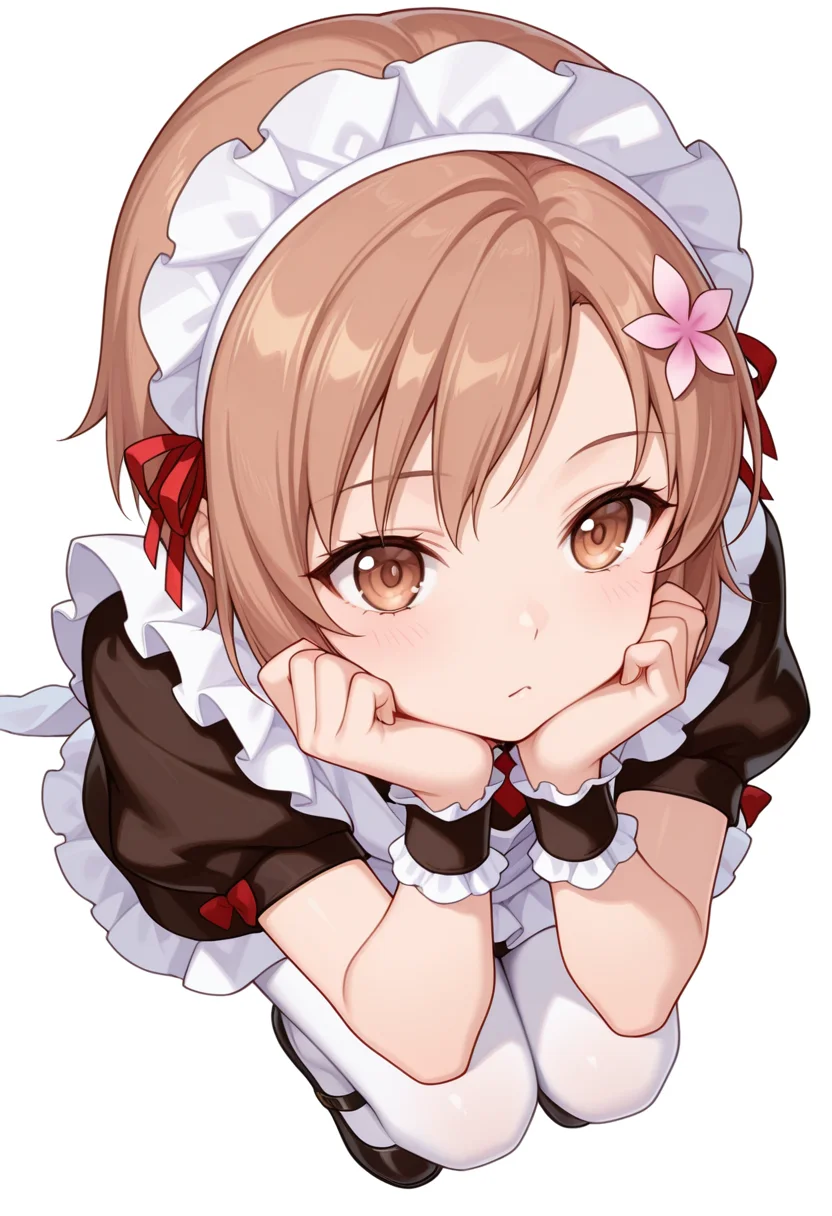 Smooth Quality,masterpiece,very intricate, high quality details, ultra realistic, high detailed skin,detailed enviorement,absurdres,
head rest,
 <lora:Yukimura_Kusunoki_CNR:0.8> yukimuria_cnr, 1girl, brown hair, short hair, brown eyes,hair flower,maid, maid headdress, apron, dress, white pantyhose,mary janes, shoes,bow,, simple background, white background, from above,solo,, :c,
