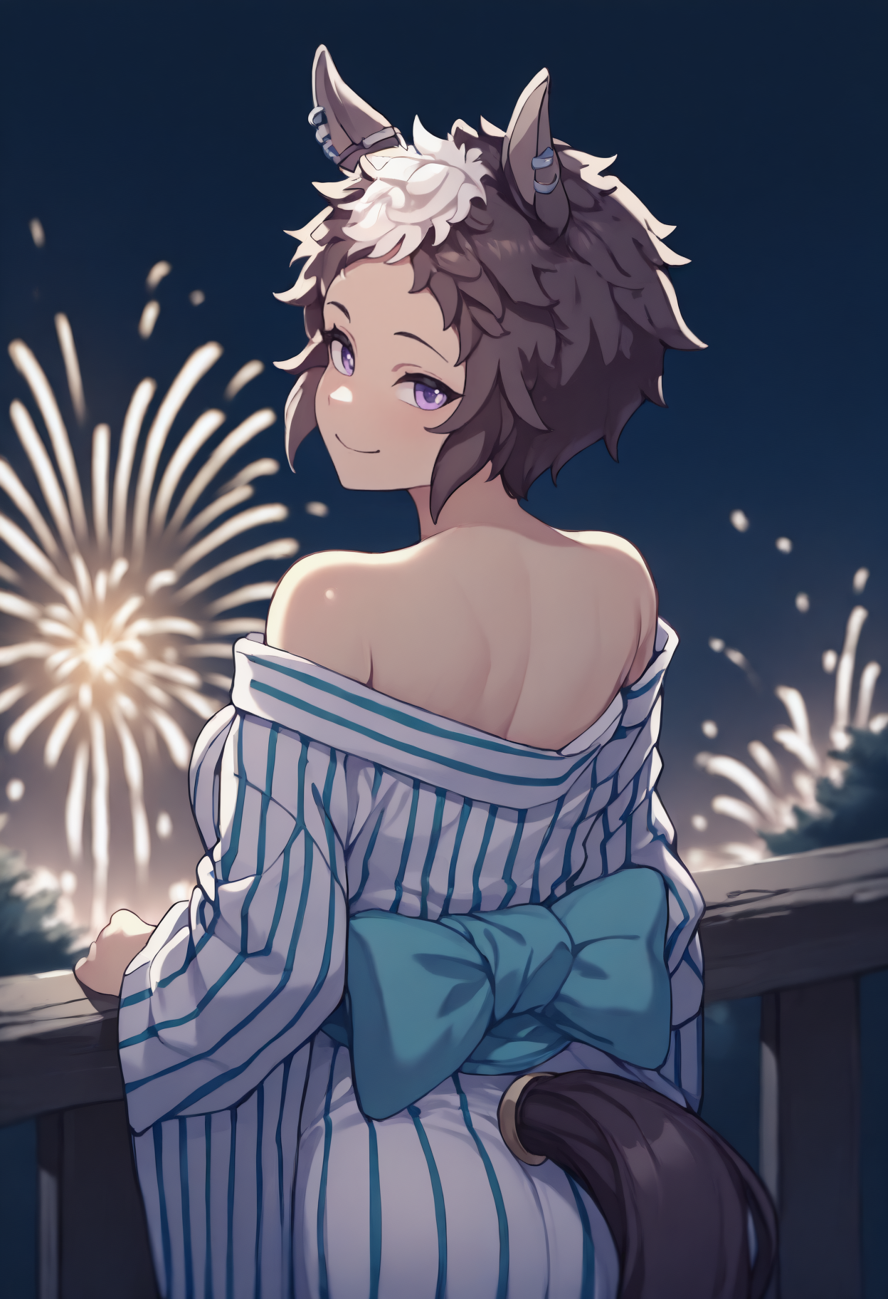 anime, masterpiece, best quality, solo, 1girl, mjry, horse tail, ear piercing, smile, looking back, short hair, two-tone hair, brown hair, white hair, animal ears, ear ornament, purple eyes, japanese clothes, white kimono, vertical-striped kimono, off shoulder, aqua sash, bare shoulders, outdoors, night, fireworks
<segment:yolo-Anzhc Face seg 640 v2 y8n.pt,0.4,0.5//cid=1>