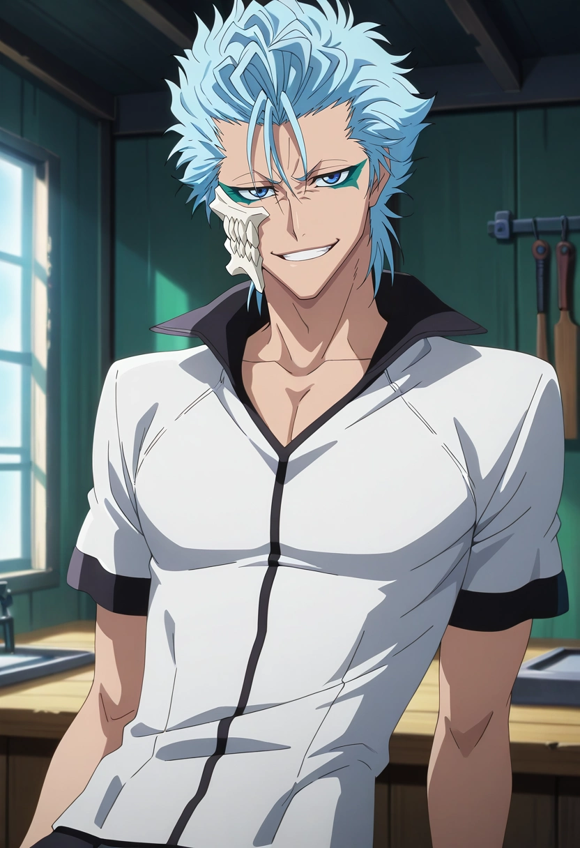 masterpiece, best quality, intricate details, anime screencap, anime coloring, , looking at viewer, , 1boy, solo, male focus, <lora:grimmjow_jaegerjaquez_ilxl:0.92>, grimmjow_jaegerjaquez, blue hair, blue eyes, facial mark, arrancar, mask, short hair, rule of thirds, workshop, indoors, light, leaning back, seductive smile, short sleeve shirt,