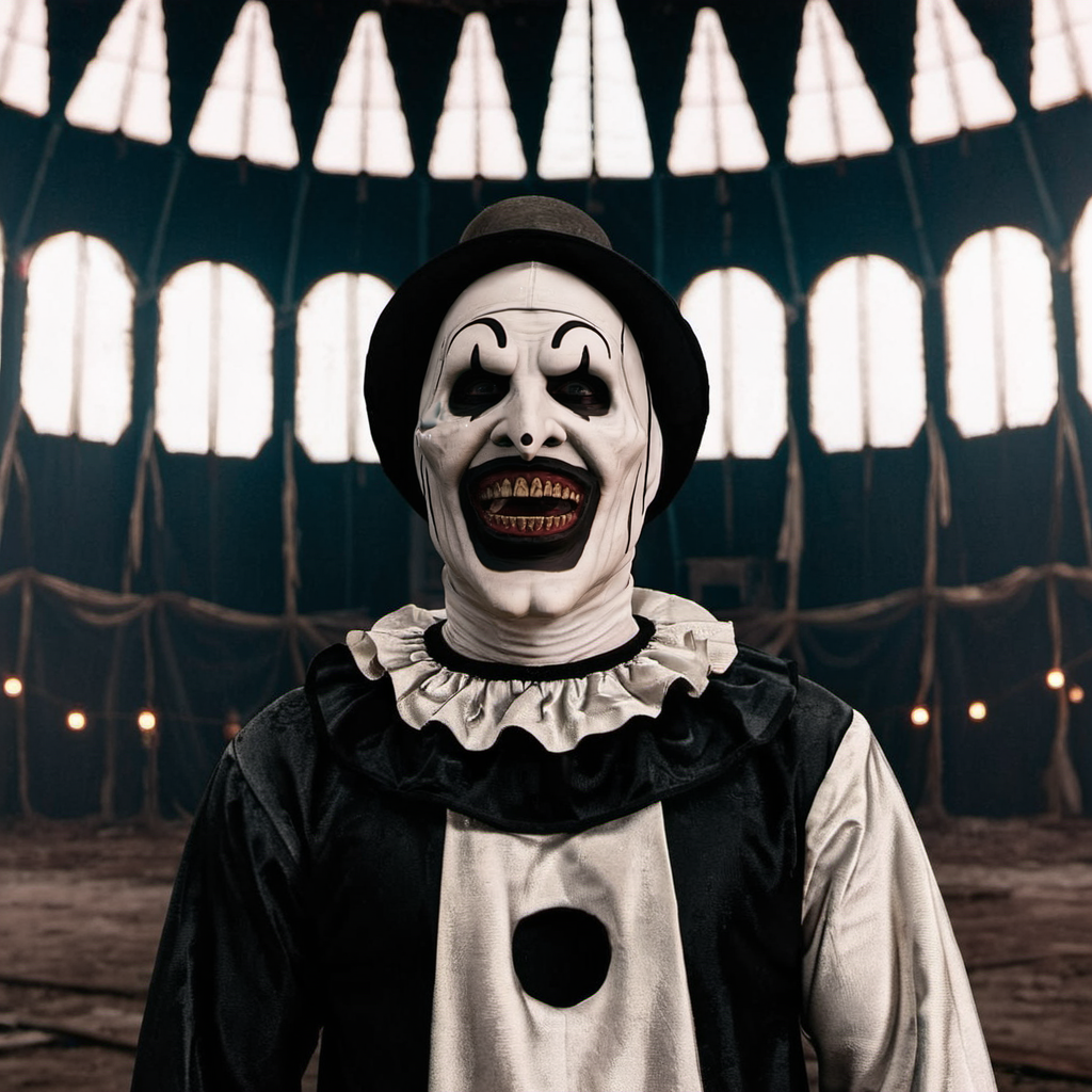 cinematic photo a scary man  in an abandoned scary circus <lora:Art1024:0.8> . 35mm photograph, film, bokeh, professional, 4k, highly detailed