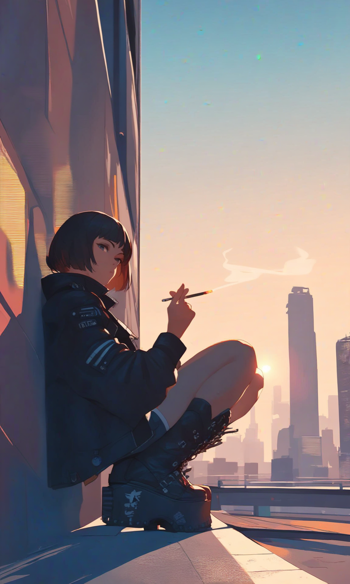 score_9, score_8_up, score_7_up, platform boots, squatting, smoking, bob cut, cityscape, against wall, rooftop, lens flare, jacket, shorts, shadow, close-up, from side, sky, looking at viewer, leaning back,