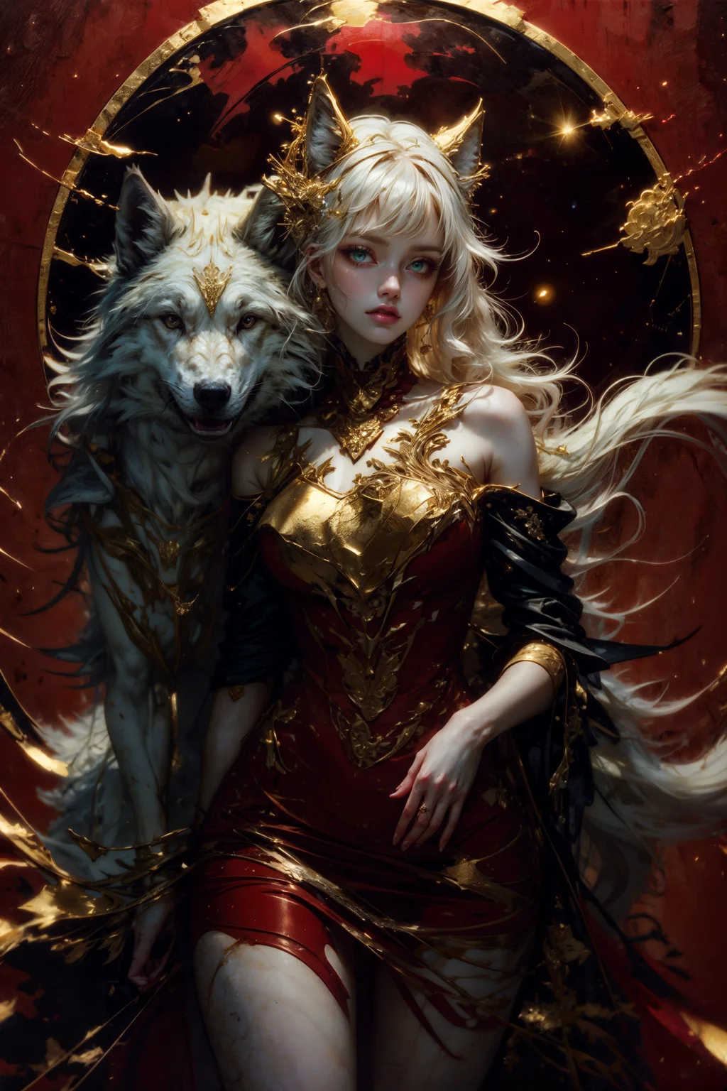 (masterpiece, best quality, ultra-detailed:1.2), 1girl, perfect curves, (g0ld3mb, gold:1.1), (glimmering galaxy dress:1.1), long straight blonde hair, laced hair, wrapped in white silk, (red background:1.2), riding a wolf <lora:tools/epiNoiseoffset_v2> <lora:freckledvixon_gold_leaf_style_v1.0:1:LBW=0,0,0,0,0,0,0,1,1,1,1,1,0,0,0,0,0;>
