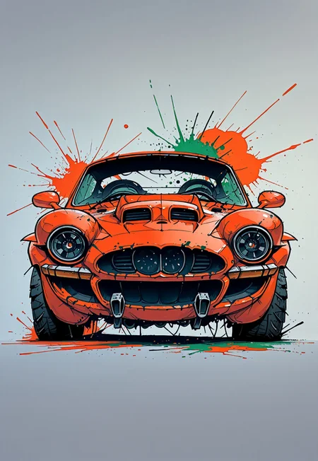 masterpiece, best quality, 1nkPnk, car, motor vehicle, ground vehicle, vehicle focus, sports car, no humans, solo, rough sketch, messy, comic art style, ink splatter, painting (medium), paint, ink (medium), pencil (medium), sketch