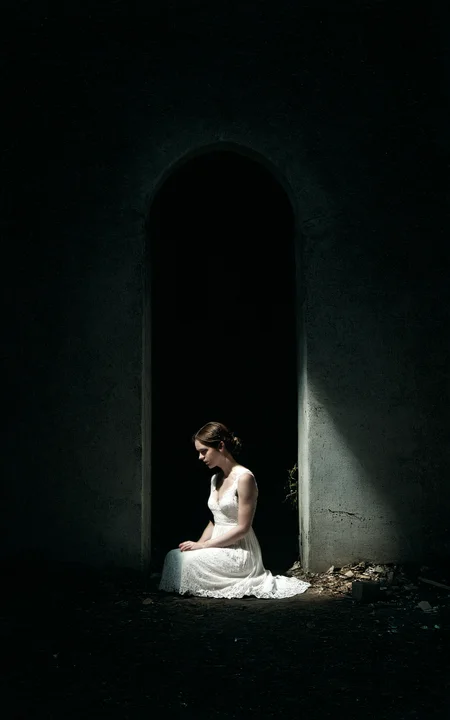 analog film photo A woman sits in the corner of a large dark room,the only light is from the moonbeams coming through a framed window and the only thing illuminated is 50% of the woman and the floor,white dress,lace dress,long dress,tight dress,((closeup)),somber mood,dust particles in the air catch the light,high contrast,long shadows,deep darkness,murky,the room is rundown,room is grungy,graffiti on the walls,vandalized,<lora:add-detail-xl:1>,<lora:- SDXL - vant_blk_contrast_V2.0:1>,approaching perfection,dynamic,highly detailed,smooth,sharp focus,art by Carne Griffiths and Wadim Kashin,trending on artstation,sharp focus,intricate details,highly detailed,by greg rutkowski,mysterious,epic,cinematic, . faded film, desaturated, 35mm photo, grainy, vignette, vintage, Kodachrome, Lomography, stained, highly detailed, found footage