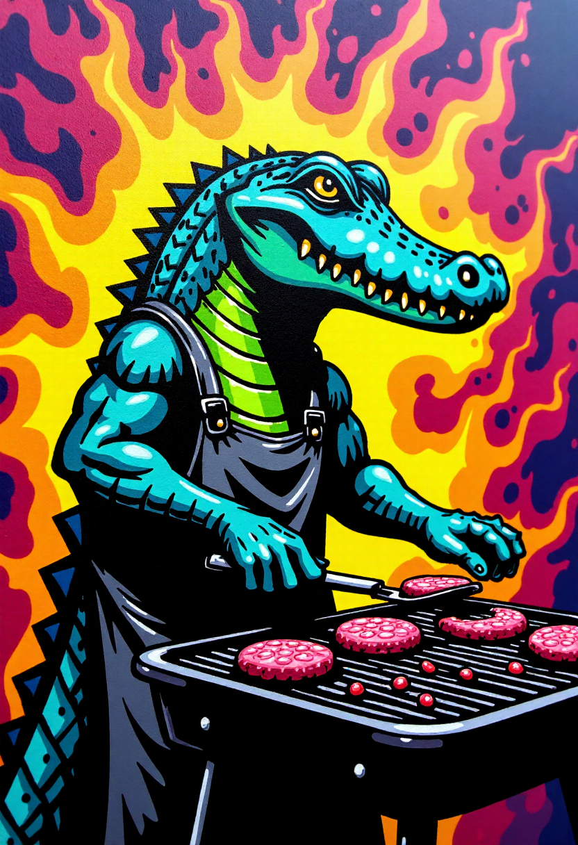 <lora:Graffiti_Characters2_FLUX-000011 (1):0.9>
This is a vibrant, stylized digital drawing set against a dramatic, abstract background, of a  a crocodile man cooking hamburgers on a barbecue outside. He is wearing an apron and holding a metal spatula