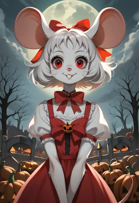 score_9, score_8_up, score_7_up, score_6_up,
csr_Style, high quality, extremely detailed, cute, creepy girl, mouse girl, mouse ears, furry, mouse tail, mouse snout, mouse nose, Cartoon Type, long white hair, white fur, long ears ribbons, ribbons, witch dress, red eyes, close up, smile, looking at viewer,
graveyard, dead trees, dark cloudy sky, pumpkins,