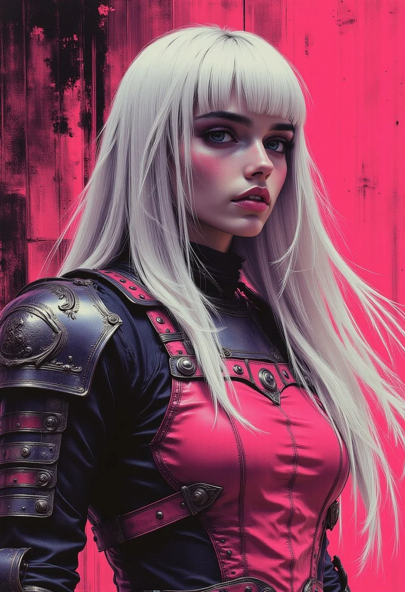 abstract photorealistic ink image in vivid, surreal colour gradient, closeup side portrait of korean woman wearing fantasy leather and bronze plate armour, long bleached hair, bangs